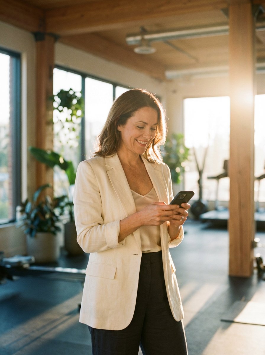 Woman using her phone in a sunlit space