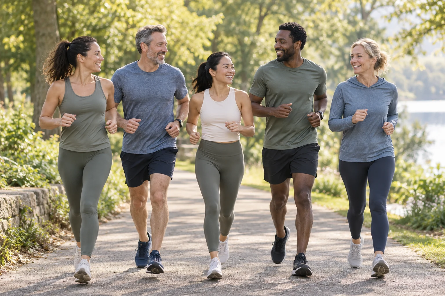 A group of adults jogging together on a sunlit park path